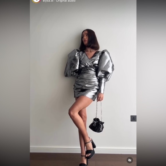 NWT River Island Metallic Silver Balloon Sleeves Bodycon Mini Dress Size 8 US - Picture 10 of 14